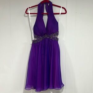 Tony bowls halter sheer mini dress size 8 purple, flowy, rhinestone embroidery